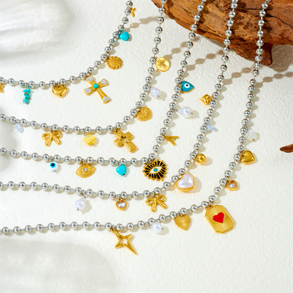 Sweet Cross Heart Bow Drip Oil Eye Pendant Stainless Steel Ball Chain Necklace for Women