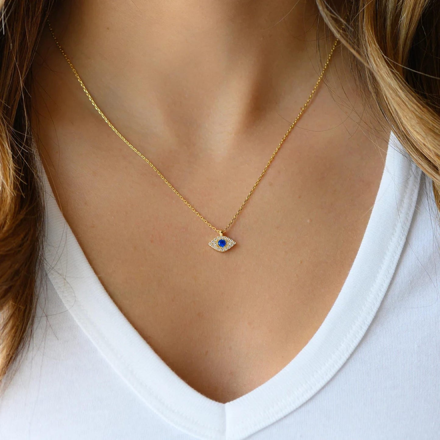 Gold Plated Brass Evil Eye Pendant with Cubic Zirconia on Adjustable Stainless Steel Cable Chain Necklace for Unisex