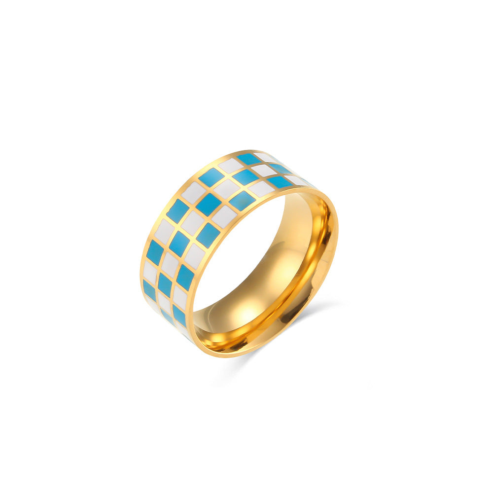 Minimalist Geometric Square Stainless Steel Plated 18K Gold Luxury Chessboard Pattern Ring for Women