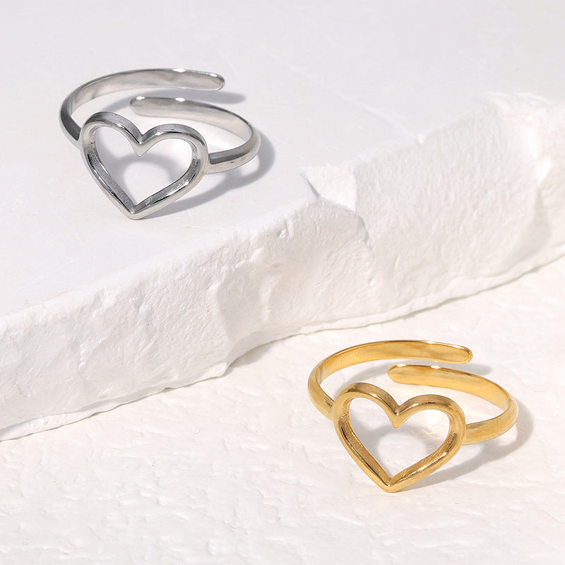 Sweet Minimalist Heart-Shaped Stainless Steel Open Ring with 18K Gold Plating for Women