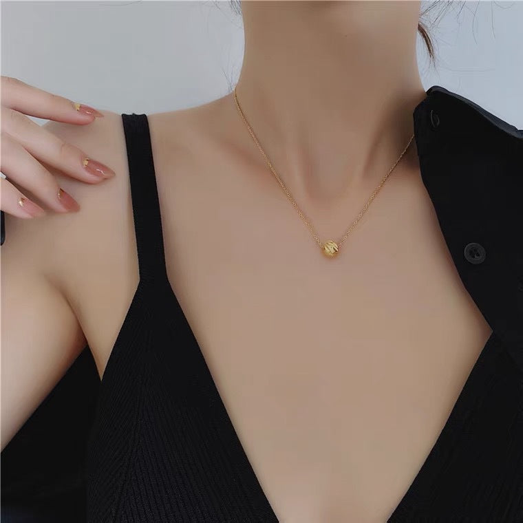 Minimalist Geometric Titanium Steel Plated 18K Gold Round Bead Clavicle Necklace for Women