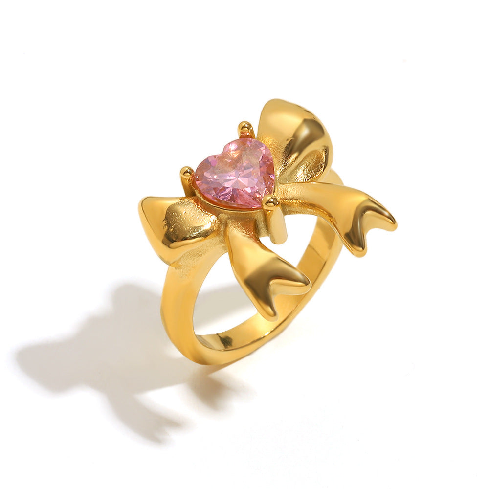 Anello da donna minimalista a forma di fiocco in acciaio inossidabile placcato oro 18 carati con zirconi cubici