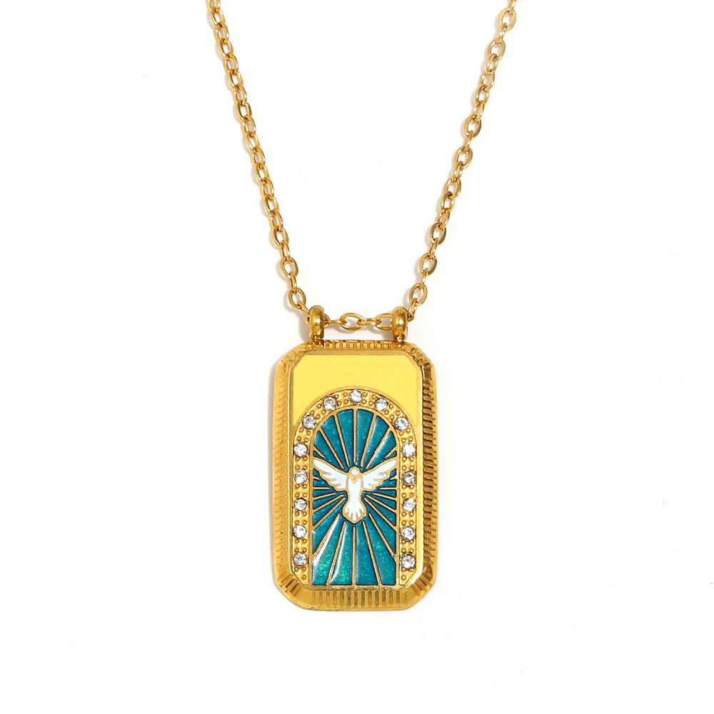 Vintage Elegant Geometric Square Stainless Steel Gold Plated Drip Oil Tarot Pendant Necklace for Women