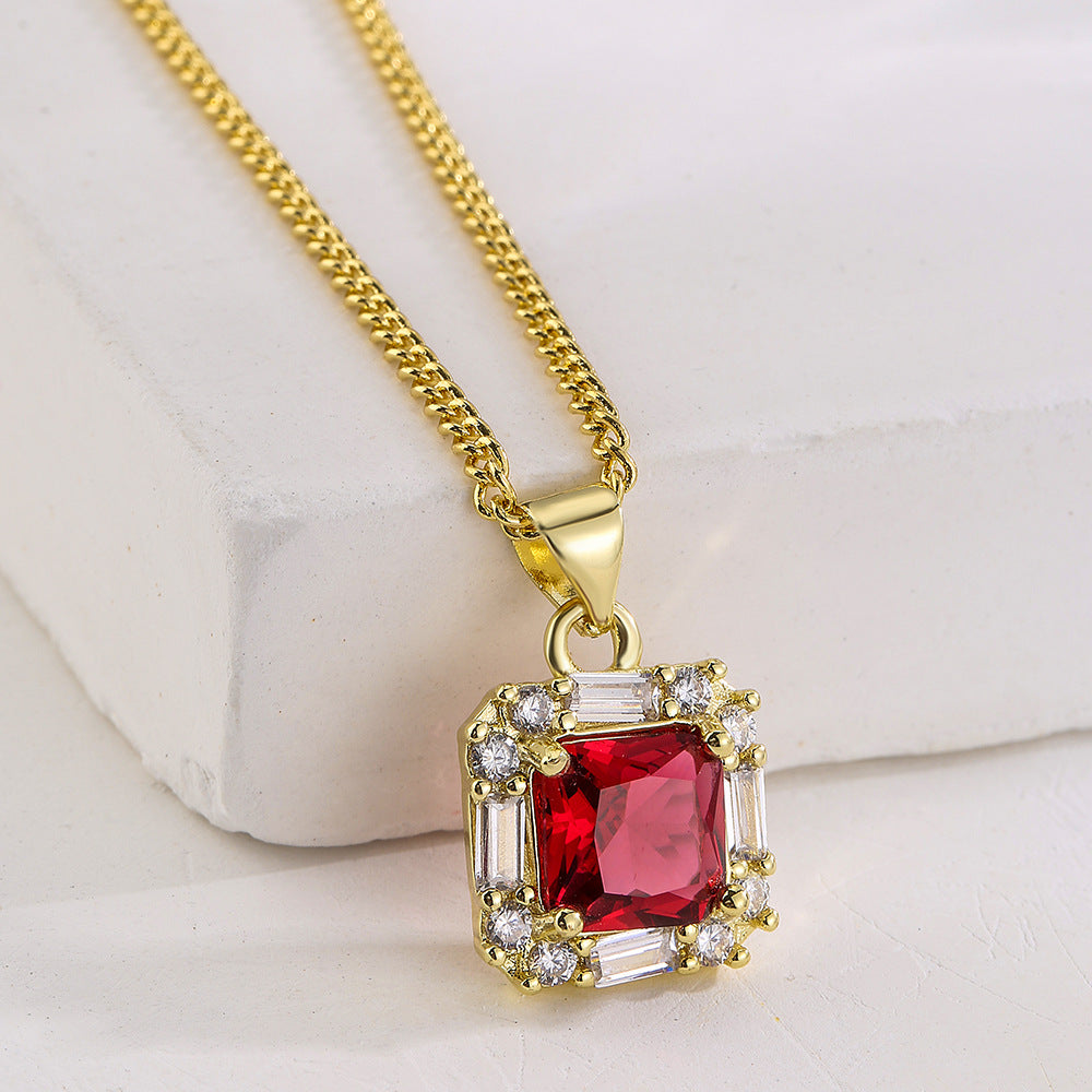 Collana con ciondolo quadrato geometrico vintage da donna in rame placcato oro 18 carati e zirconi incastonati