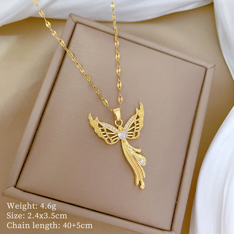 Luxury Titanium Steel Geometric Eagle Pendant Necklace for Women with Rhinestone Inlay, Adjustable Titanium Steel Chain, Elegant Clavicle Jewelry
