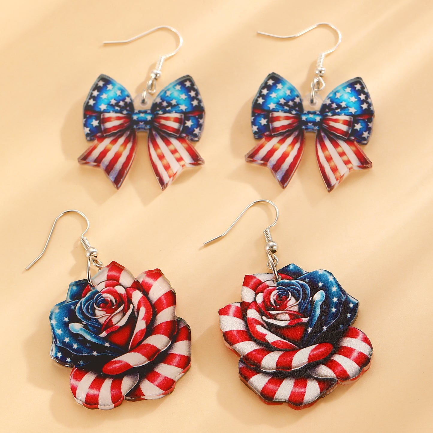 Orecchini da donna in acrilico con fiocco a bandiera americana patriottica