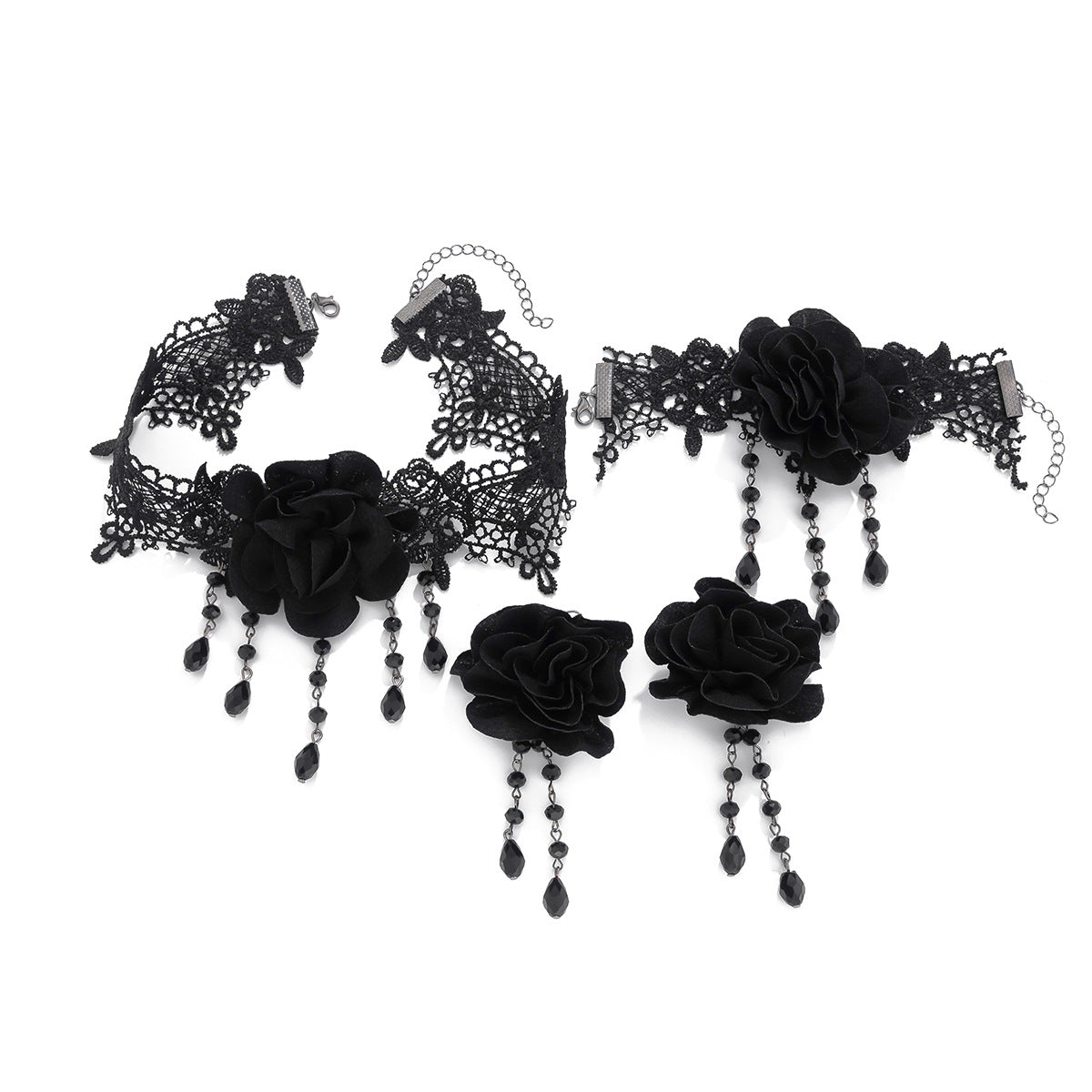 Gothic Black Lace Tassel Pendant Choker Necklace with Rose Floral Design and Rhinestone Accents for Women