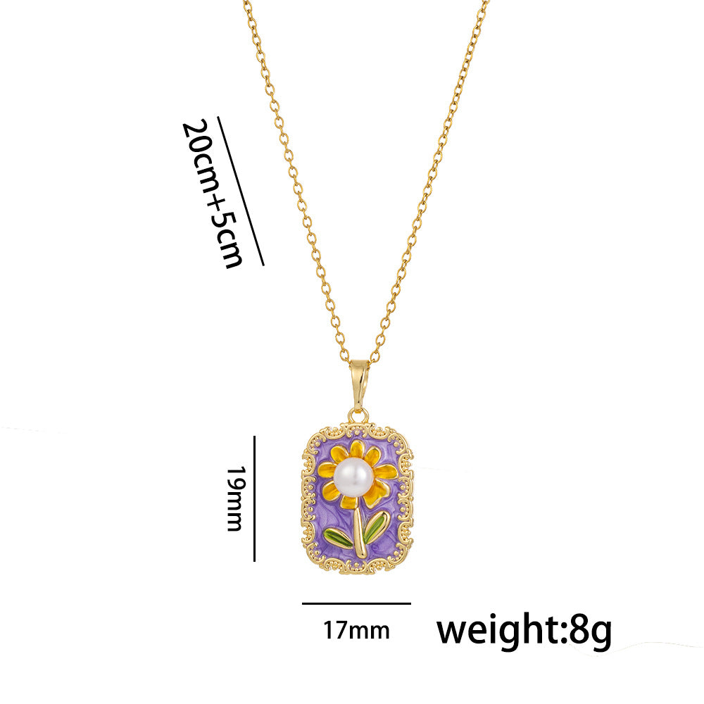 Minimalist Sunflower Pendant Necklace in Titanium Steel with Enamel Finish for Women, O-Chain Locket Style