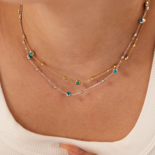 Minimalist Geometric Stainless Steel Necklace with Turquoise Inlay, Vacuum-Plated 18K Gold Finish, Snake Chain Collar Jewelry for Women