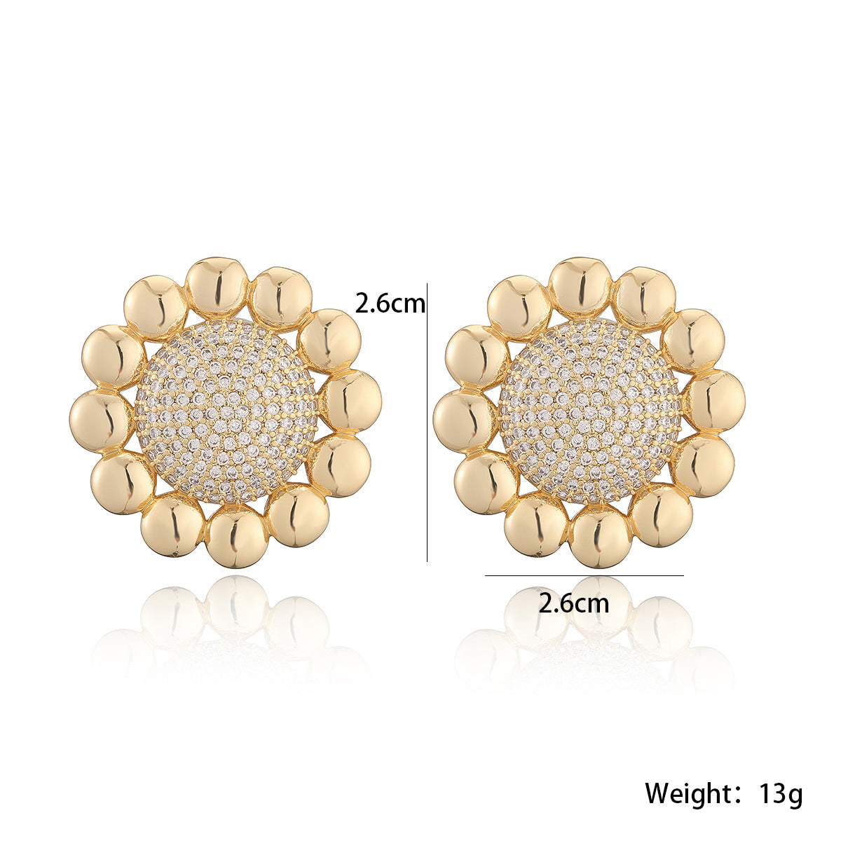Minimalist 18K Gold Plated Brass Geometric Cubic Zirconia Sunflower Stud Earrings for Women