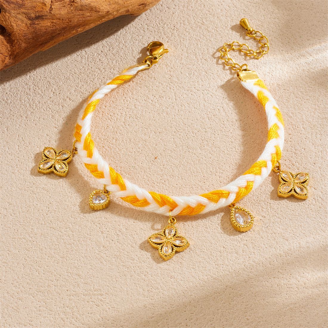 Minimalist Elegant Gold Plated Stainless Steel and Ceramic Heart and Floral Charm Bracelet with Rhinestone
