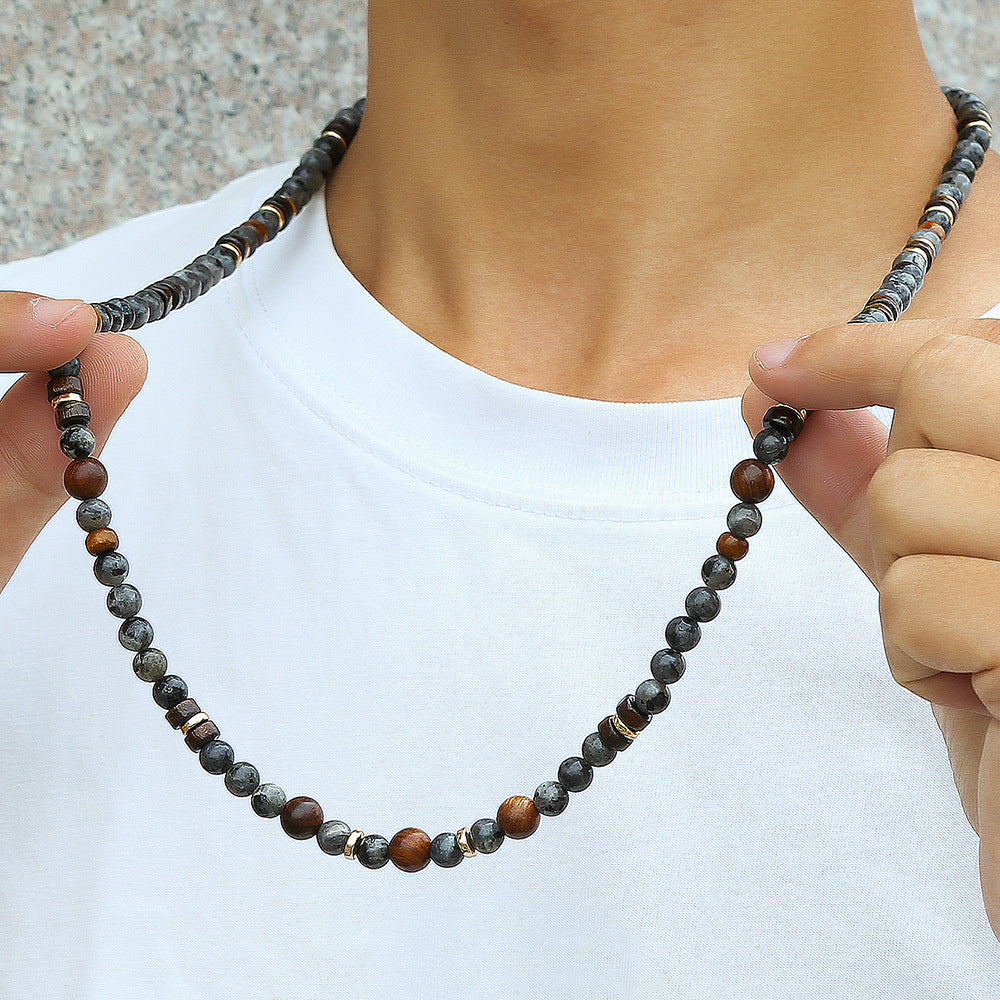 Casual Geometric Wood Beaded Tiger Eye Stone Necklace with Alloy Pendant for Men