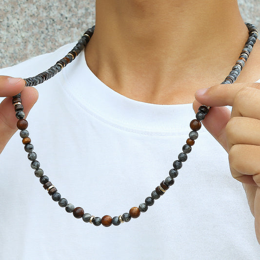 Casual Geometric Wood Beaded Tiger Eye Stone Necklace with Alloy Pendant for Men