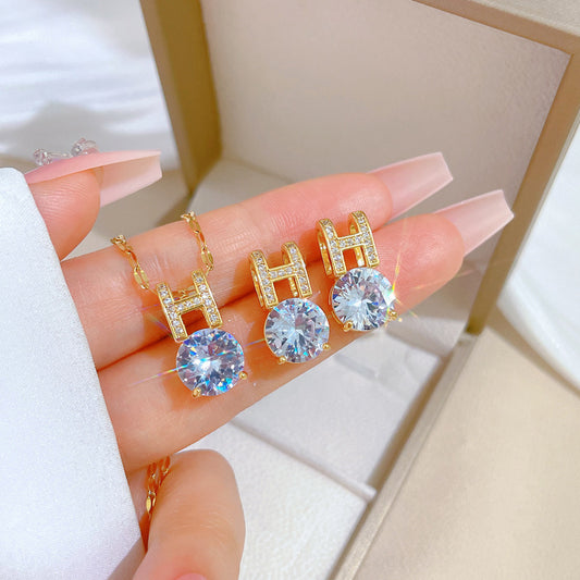 Luxury Titanium Steel Letter Pendant Necklace and Earrings Set with Zircon Inlay Geometric Design for Women Formal Events