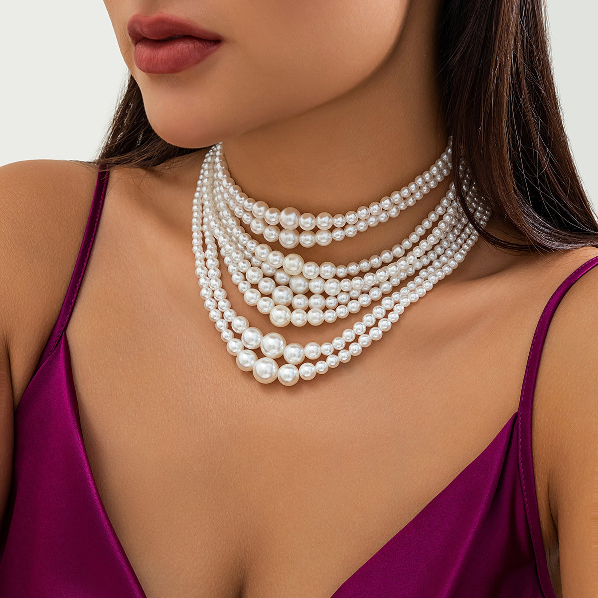 Vintage Multi-Layer Faux Pearl Ball Chain Choker Necklace for Women