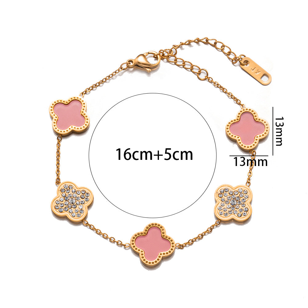 Fashion 18K Rose Gold Plated Titanium Steel Four-Leaf Clover Rhinestone Bracelet for Women