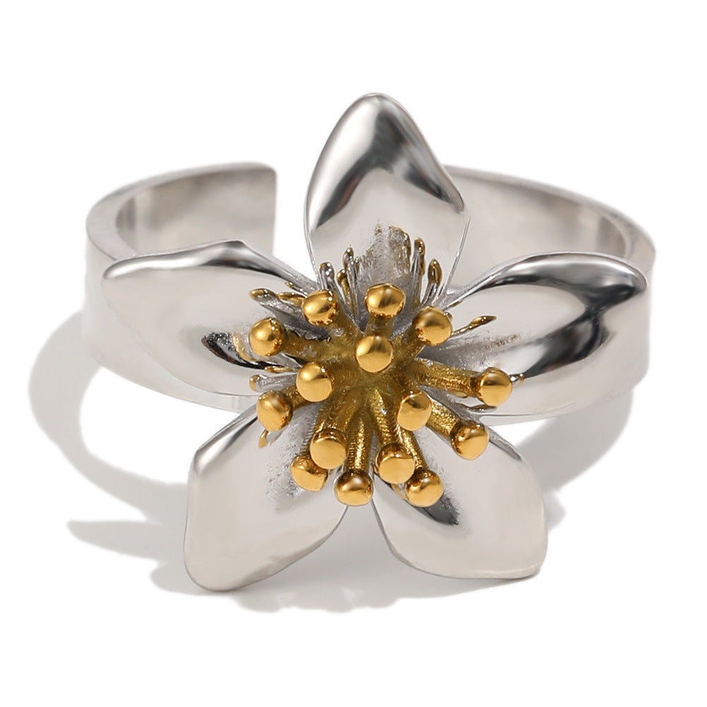 Fashion Two-Tone Floral Design Gold Plated Stainless Steel Ring for Women