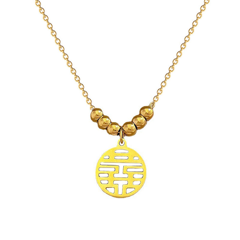 Minimalist Geometric Double Happiness Pendant Necklace in Titanium Steel with Rhinestone Inlay for Women