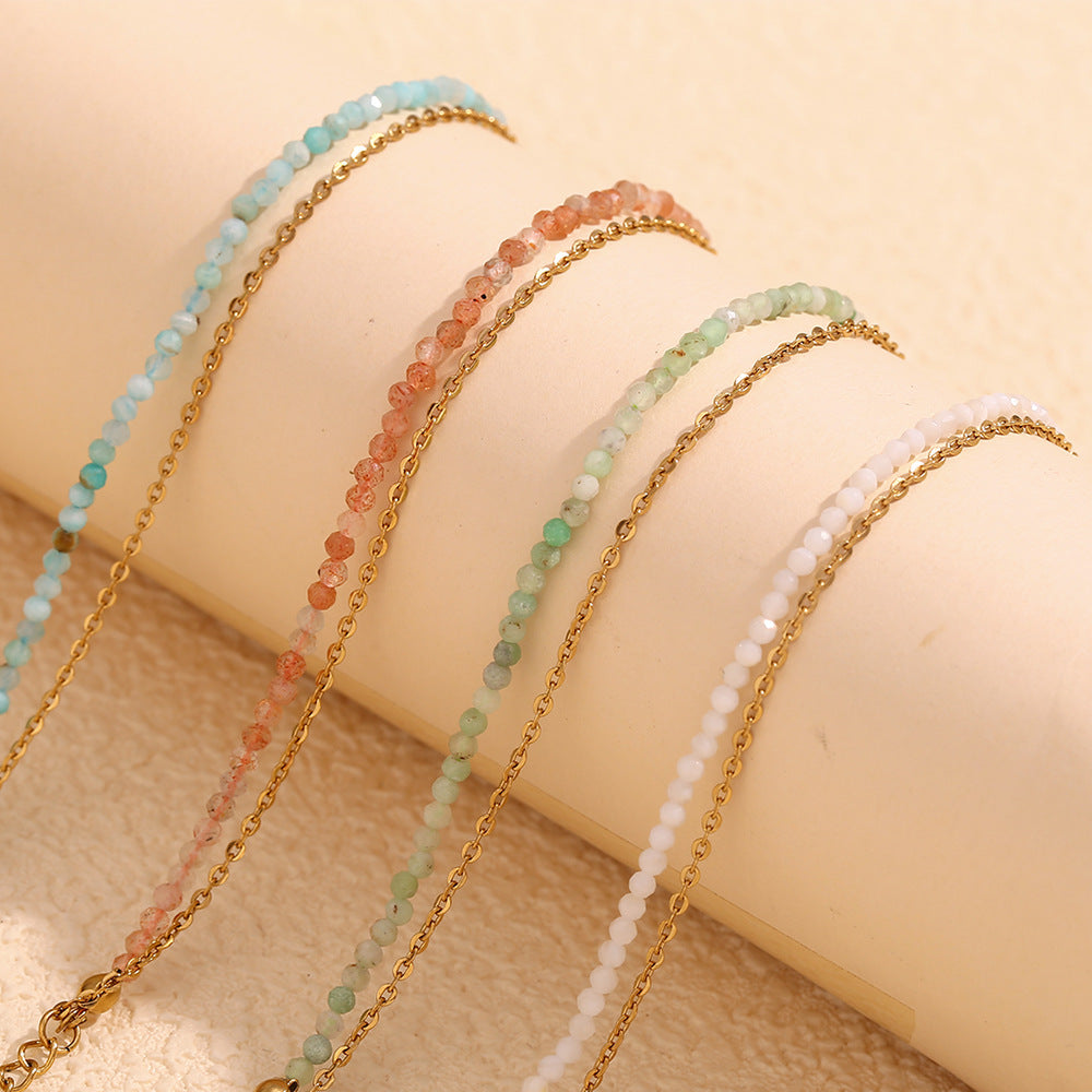 Fashionable Geometric Stainless Steel Plated 18K Gold Double Layer O-Chain Bracelet with Natural Green Australian Opal Beads for Women
