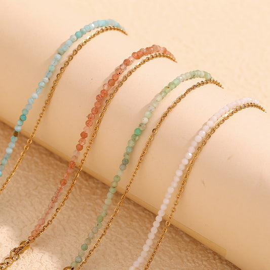 Pulsera de doble capa con cadena O de acero inoxidable chapado en oro de 18 quilates con cuentas de ópalo australiano verde natural para mujer