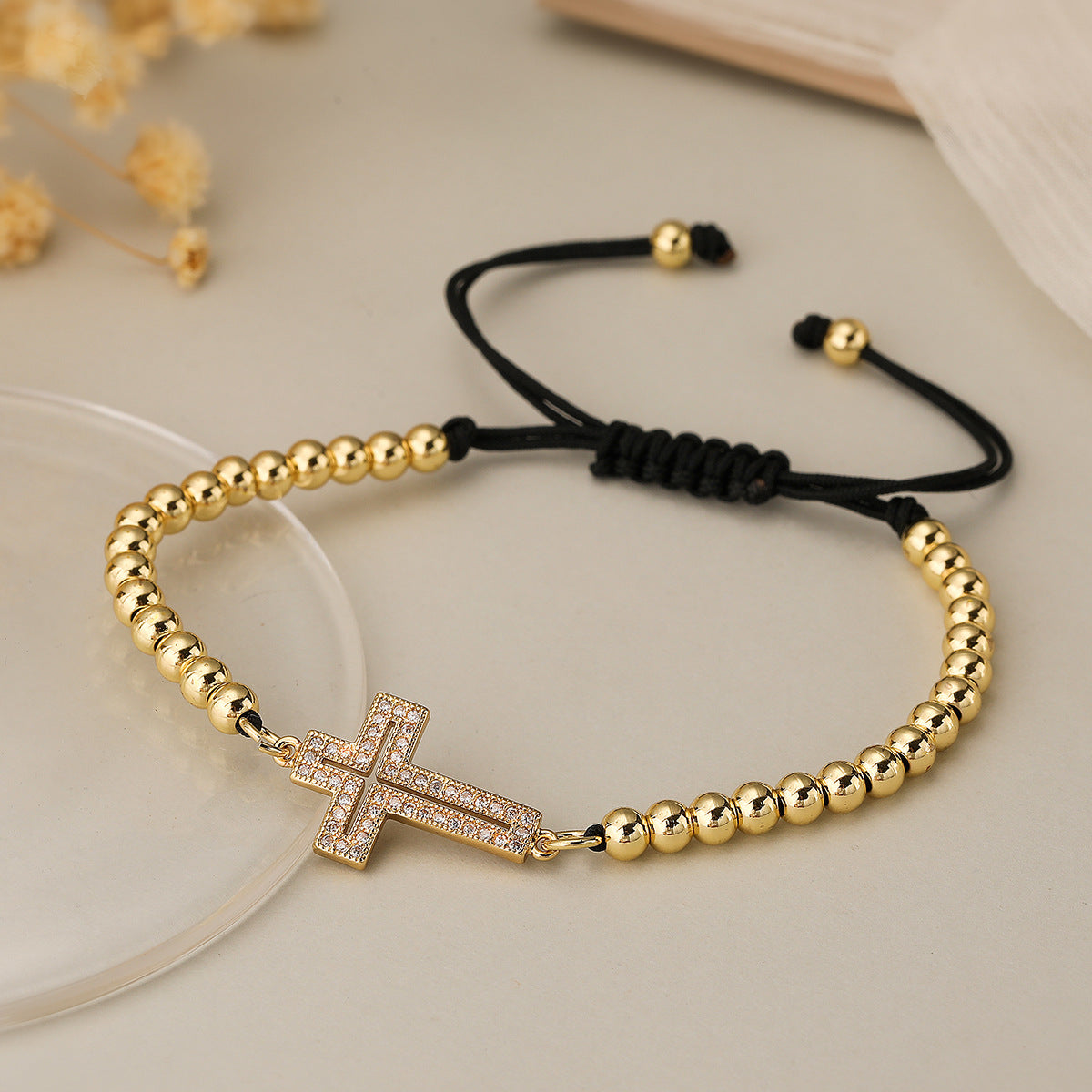 Fashion Micro-Inlaid Zircon Cross Geometric Copper Braceet with 18K Gold Plating for Women