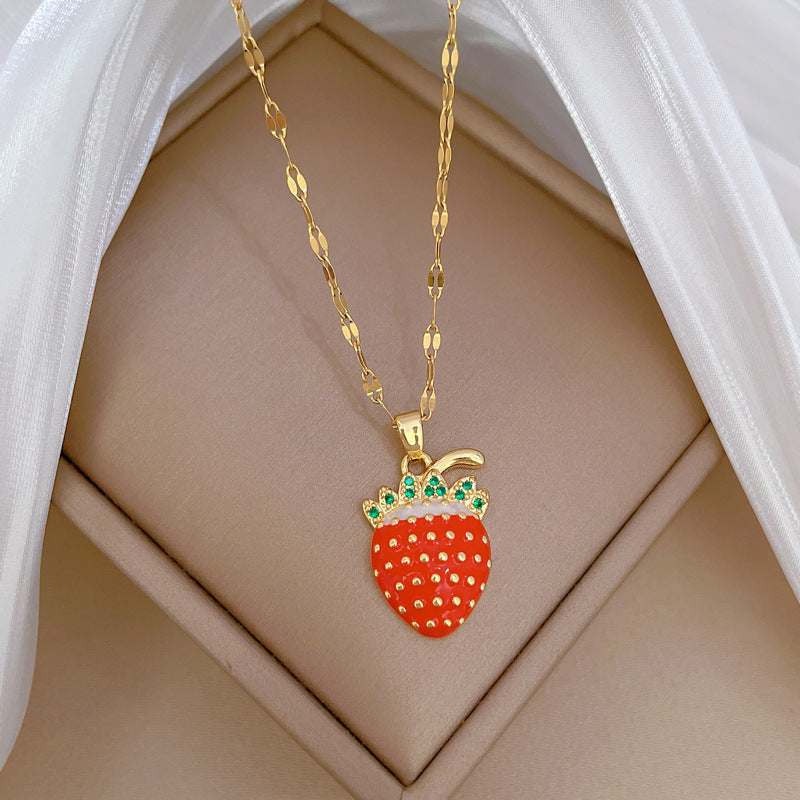 Luxury Sweet Geometric Strawberry Pendant Necklace Titanium Steel Chain Rhinestone Inlay