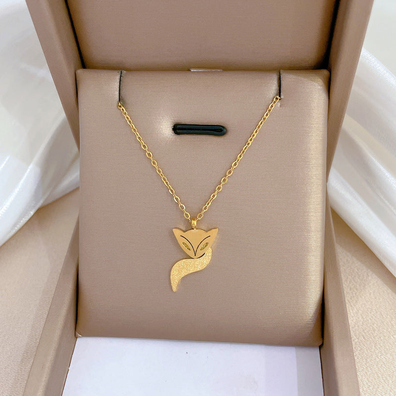 Minimalist Fox Pendant Necklace in Titanium Steel with Gold Plating for Women and Men, Geometric Locket Style Clavicle Chain