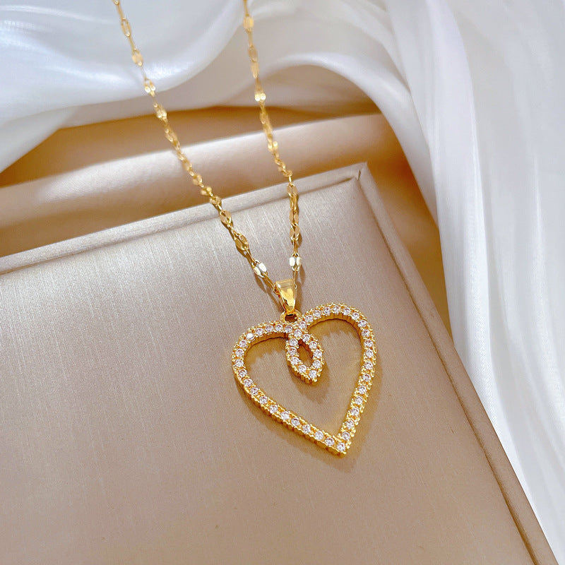 Minimalist Heart-Shaped Titanium Steel Plated Necklace for Women with Delicate Locket Chain and Moon Motif