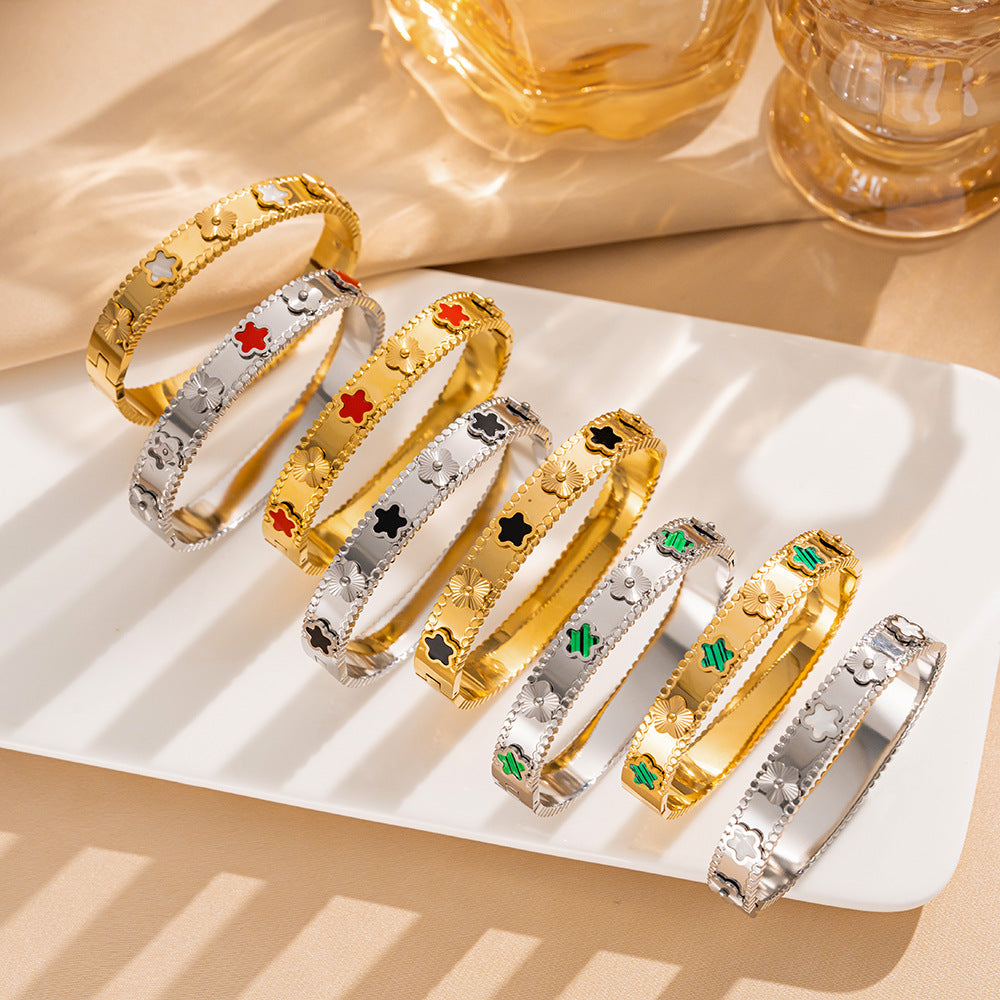 Minimalist Five-Petal Floral Titanium Steel Bracelet for Women with Polished Finish and Hypoallergenic Plating