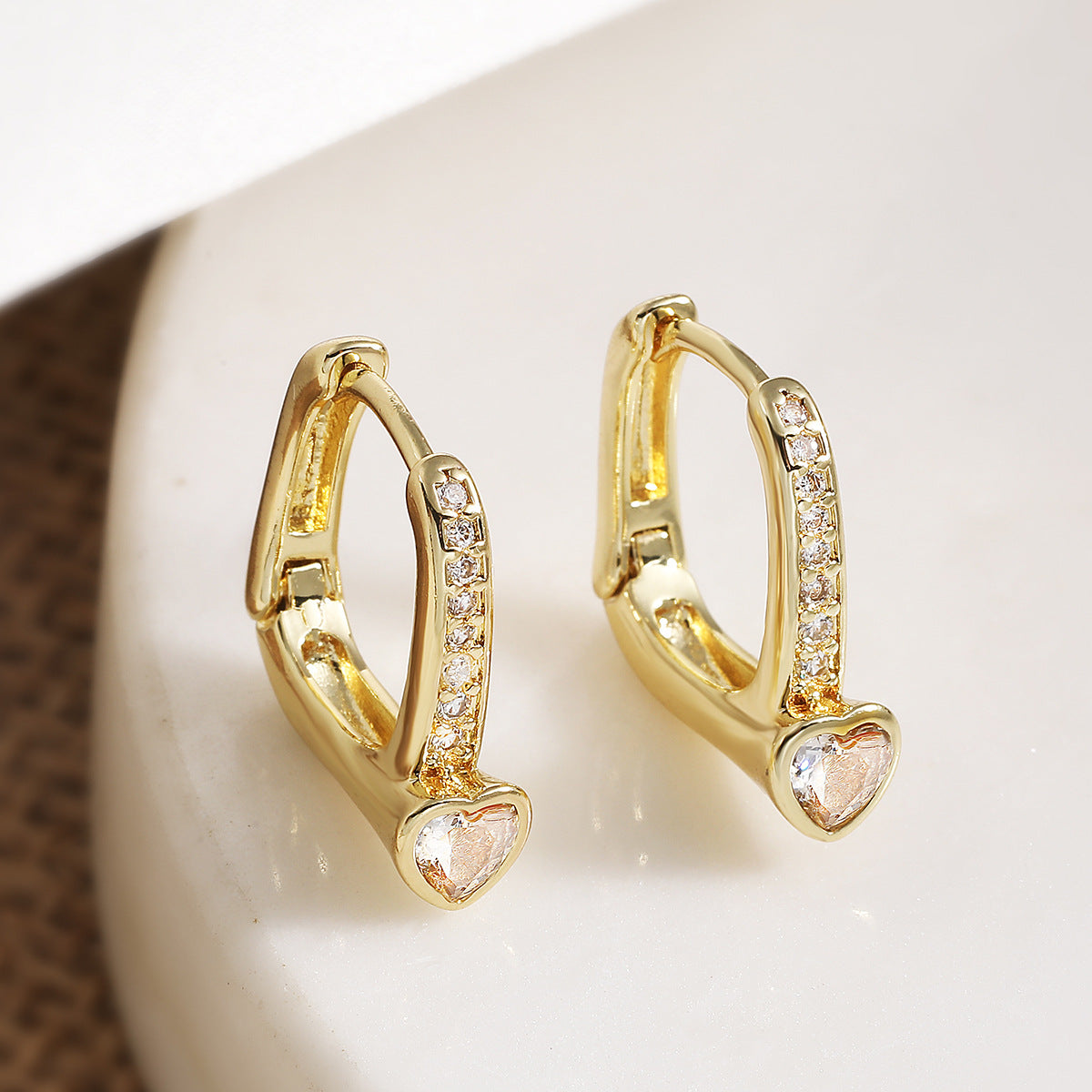 Minimalist Heart Geometric Brass Gold Plated Cubic Zirconia Earrings