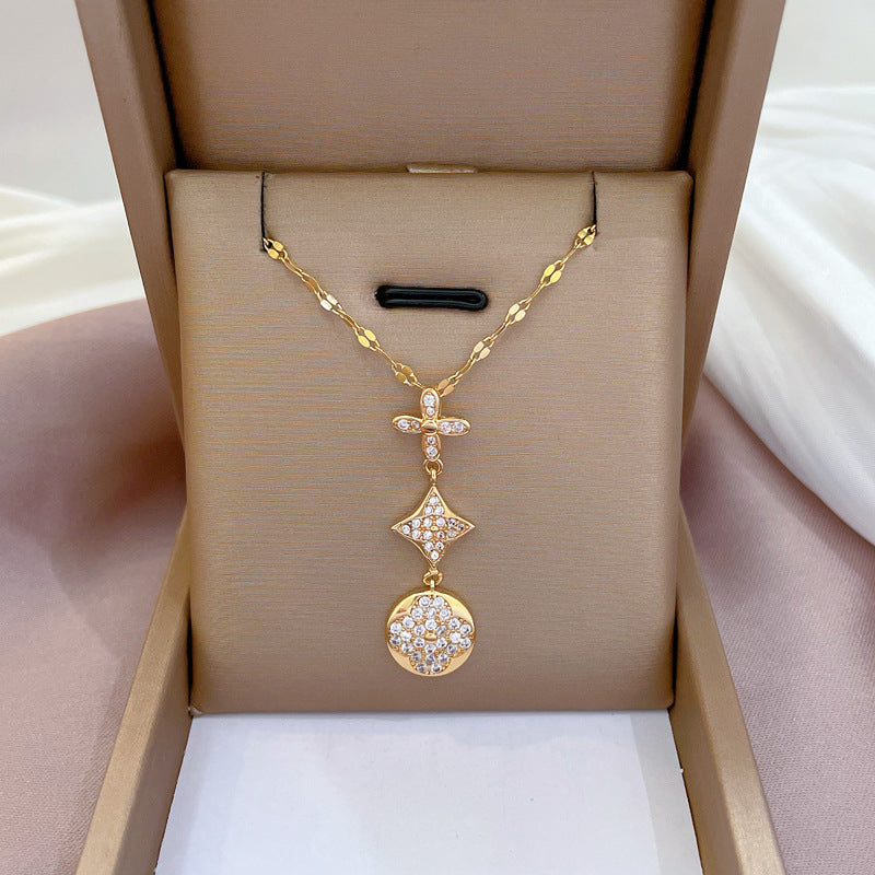 Minimalist Geometric Titanium Steel Clavicle Chain with Rhinestone Inlay and Copper Pendant