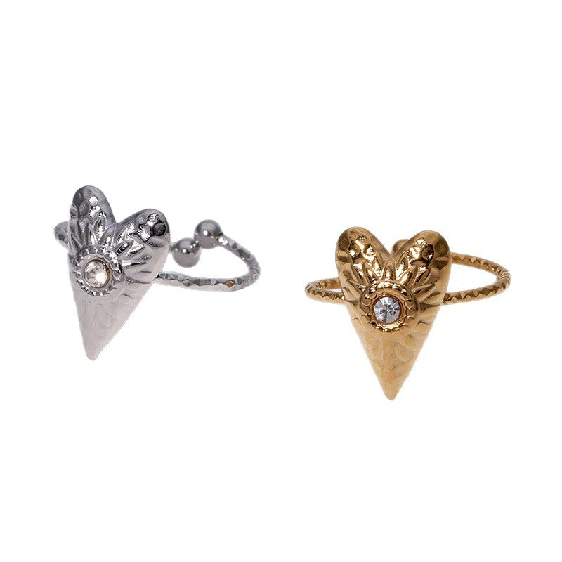 Minimalist Heart-Shaped Stainless Steel Ring with Folded Texture and Plated Finish for Women