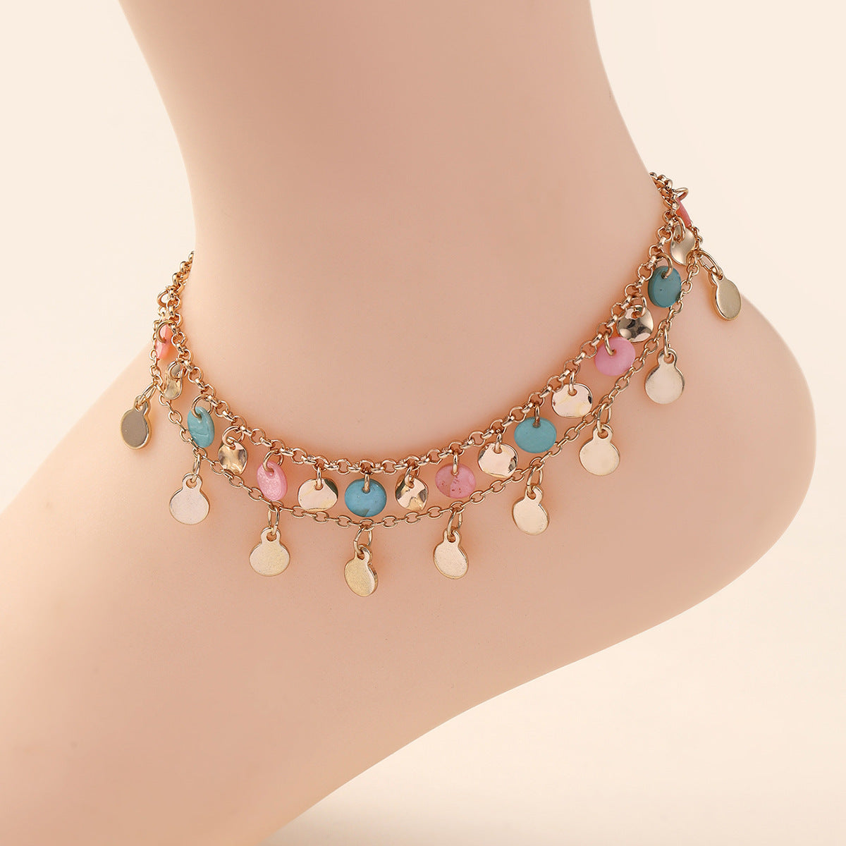Minimalist Geometric Round Alloy Anklet Set with Disc Pendants for Women