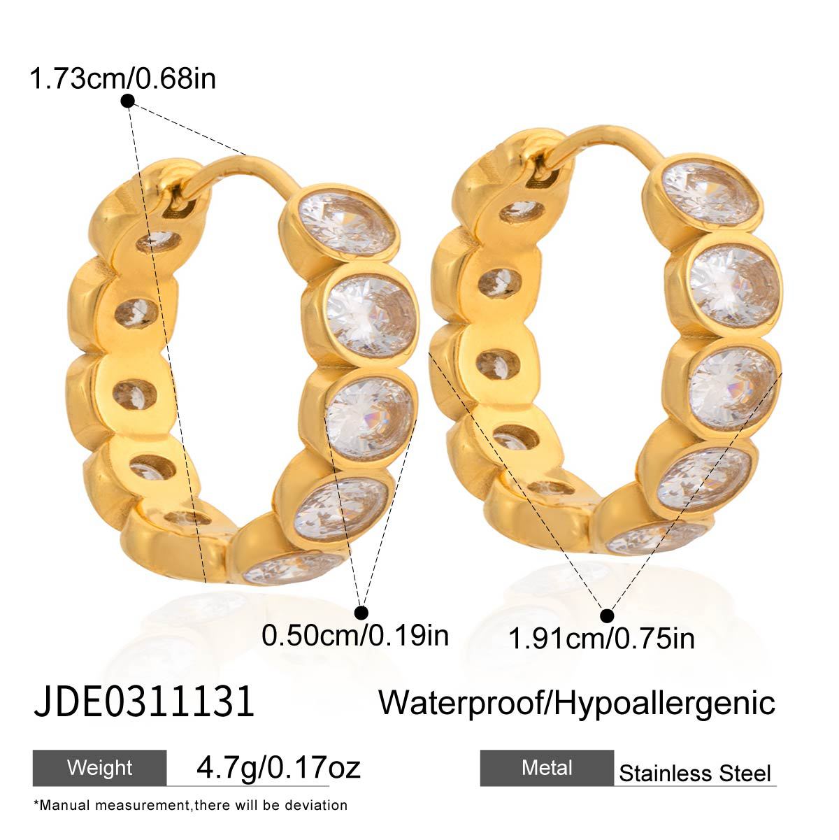Elegant Geometric Stainless Steel Hoop Earrings with Cubic Zirconia 18K Gold Plated for Women