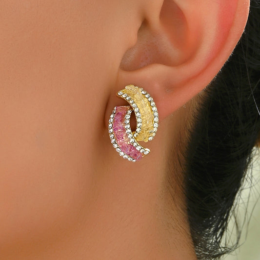 Pendientes de Tachuela Geométricos en Forma de U de Aleación de Zinc con Incrustaciones de Diamantes de Imitación para Mujeres, Ropa de Oficina Moderna y Versátil