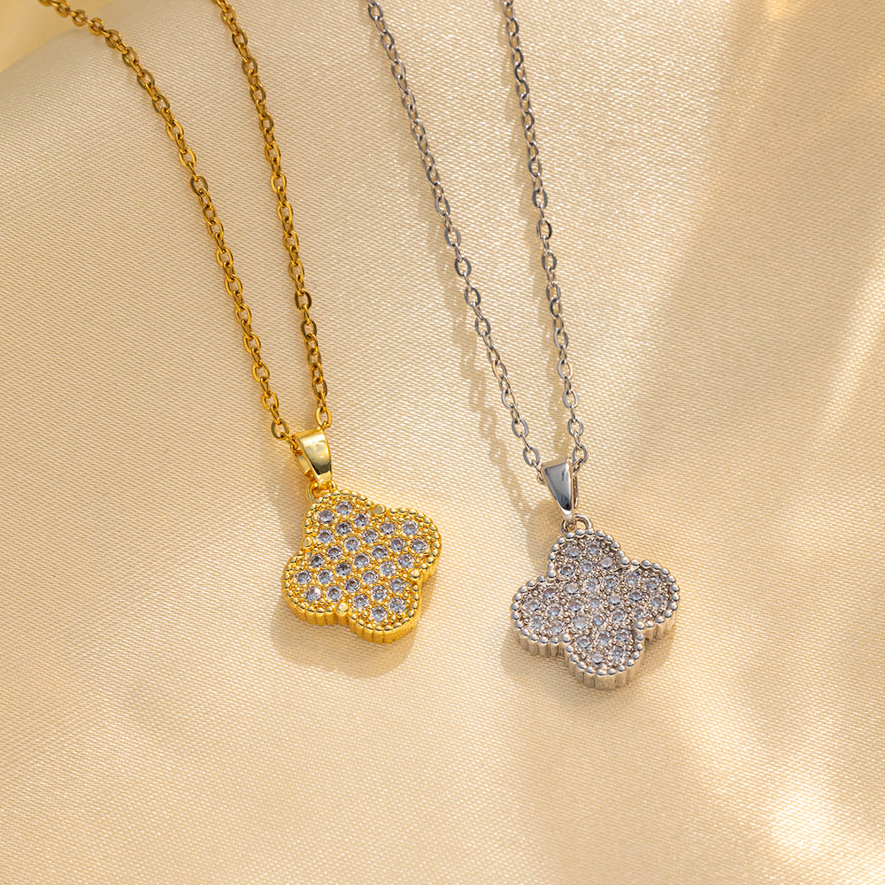 Minimalist Clover Pendant Necklace in Titanium Steel with Gold Plating and Rhinestone Inlay for Women