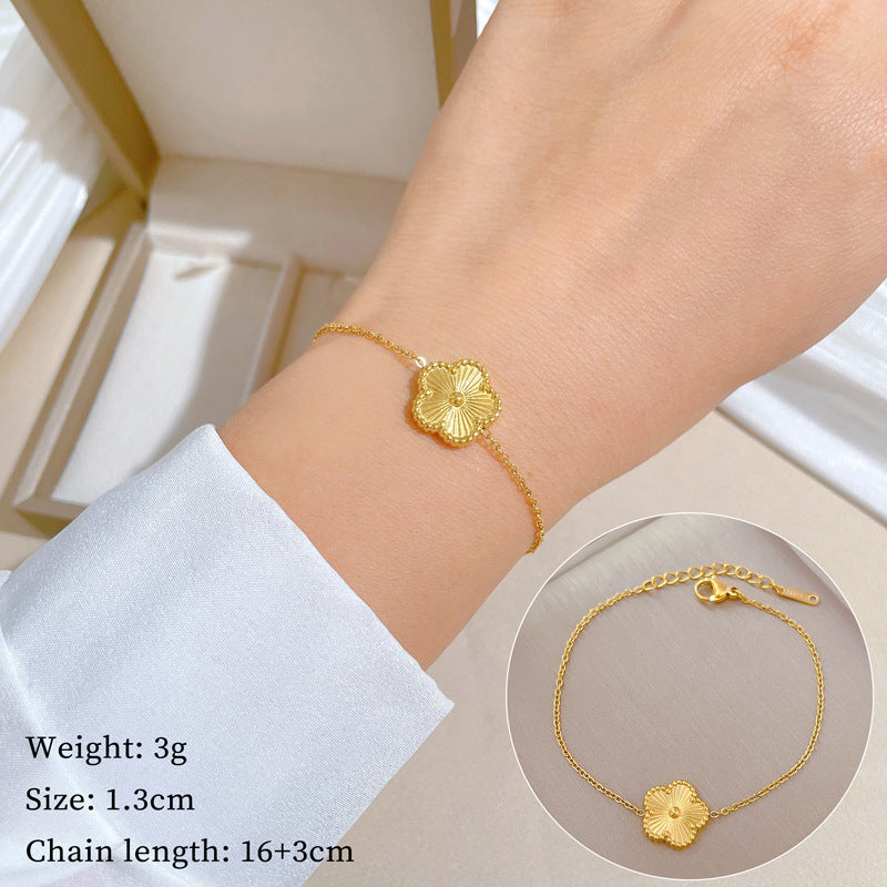 Vintage Women's Titanium Steel Rope Chain with Round Beads and Roman Numerals Gold Plated Wave Texture Four-Season Bean Hand Chain