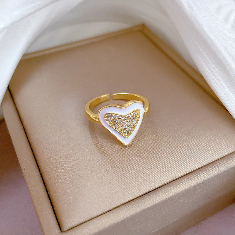 Minimalist Heart-Shaped Enamel Ring with Zircon Inlay Adjustable Opening Design for Women