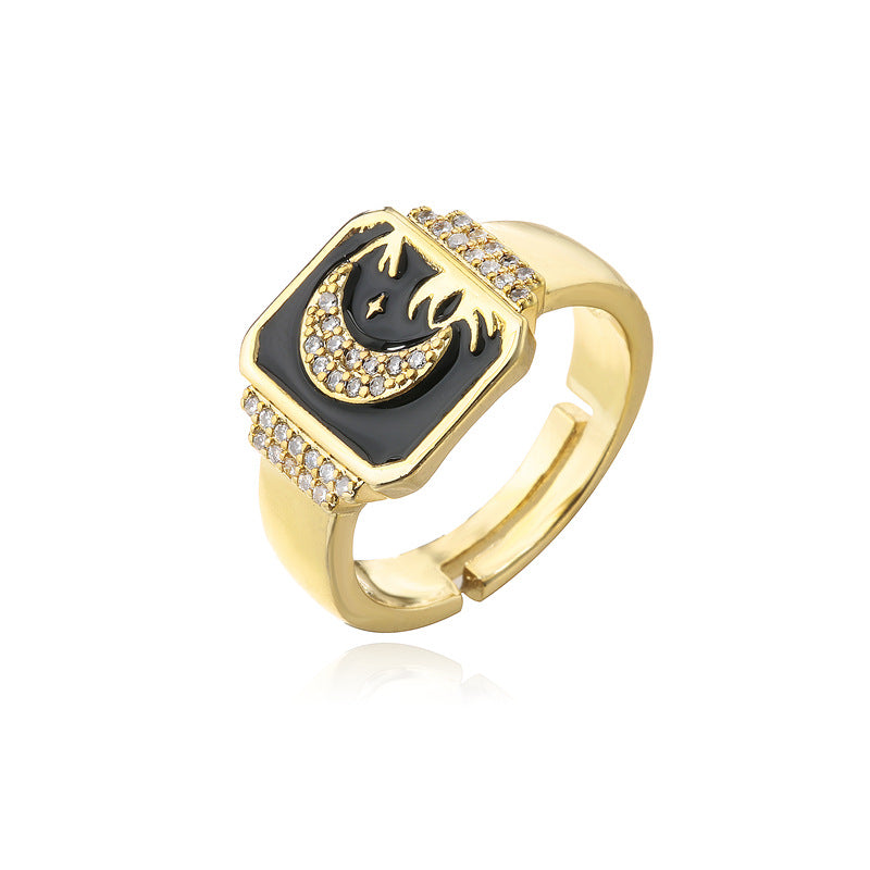 18K Gold Plated Brass Drip Oil Star Moon Geometric Ring for Women