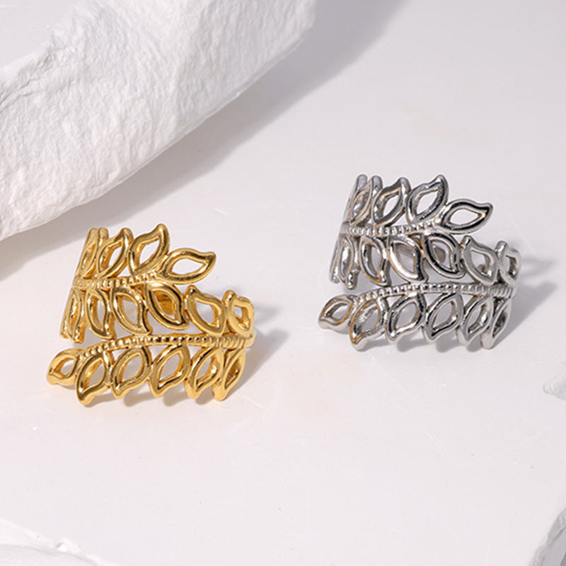 Minimalist Leaf-Shaped Titanium Steel Ring for Women with 18K Gold Plating Adjustable Band