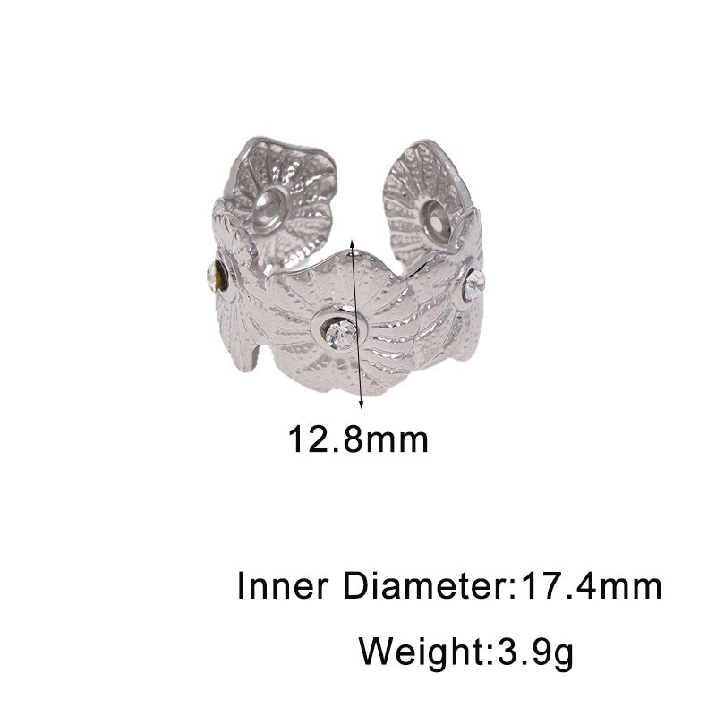 Minimalist Elegant Gold Plated Stainless Steel Floral Rhinestone Open Ring for Women
