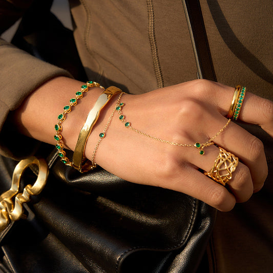 Minimalist Geometric Round Green Rhinestone Plated Stainless Steel Linked Ring Bracelet for Women