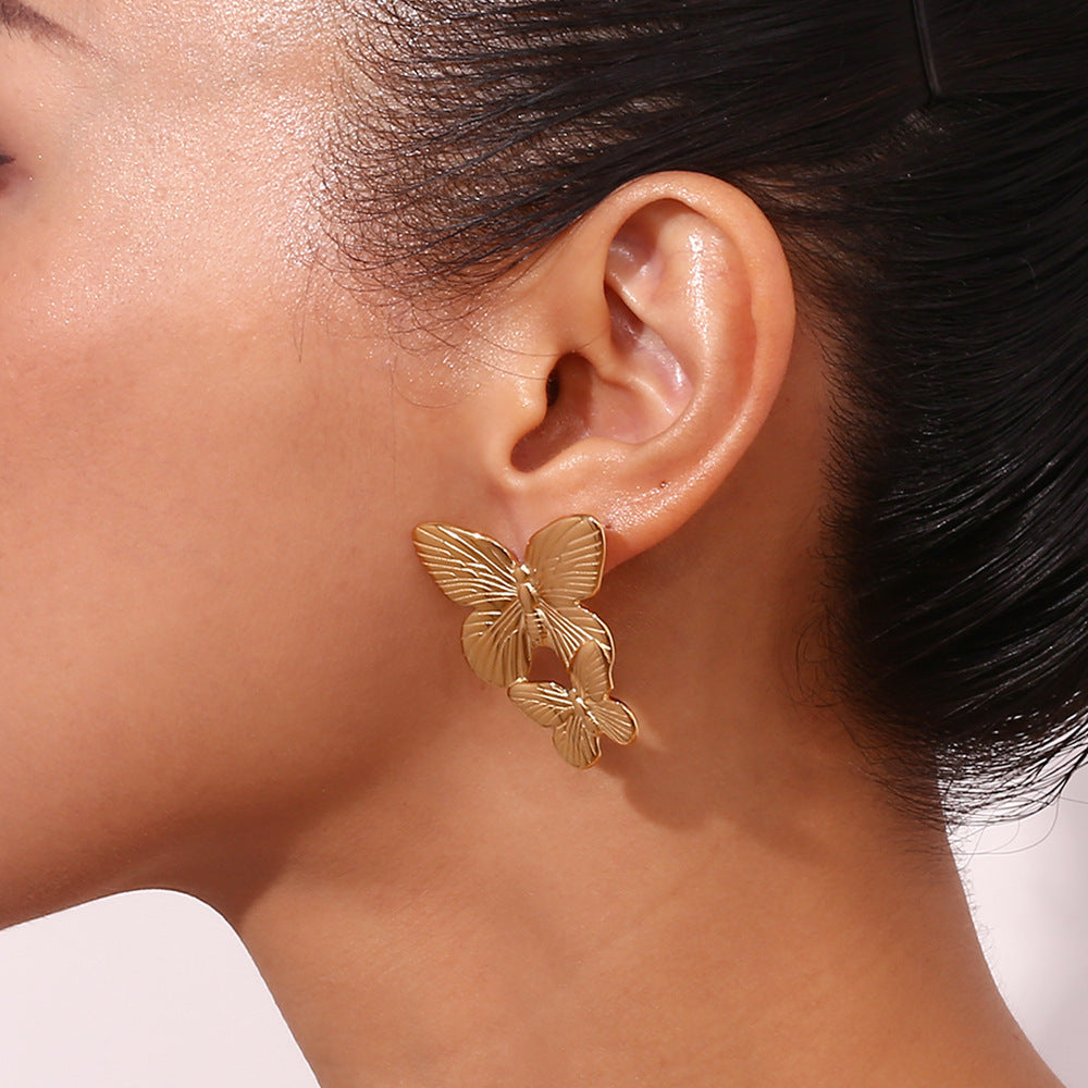 Pendientes de mariposa de moda vintage para mujer de acero inoxidable con chapado en oro de 18 quilates
