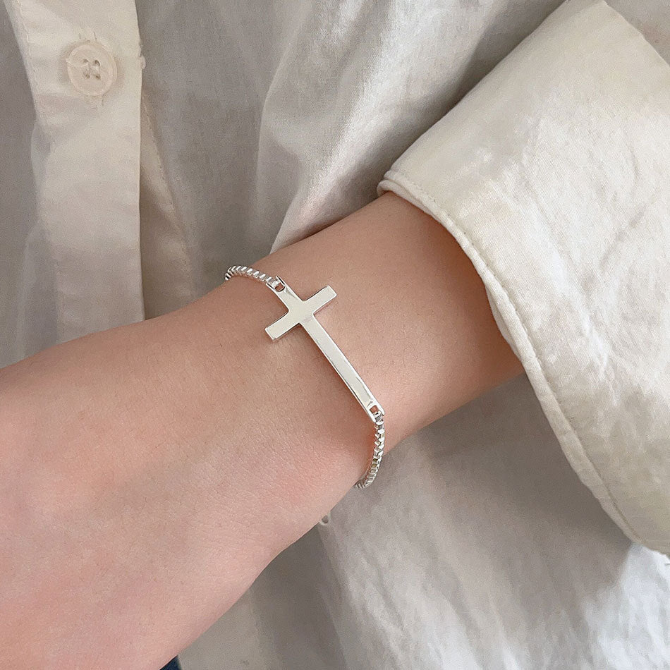 Vintage S925 Sterling Silver Geometric Cross Beaded Box Chain Bracelet