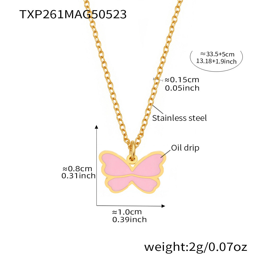 Pink Butterfly Necklace Set for Girls with Stainless Steel Chain and Titanium Steel Pendant, Enamel Finish, Fashionable Minimalist Jewelry Collection Including Necklace, Bracelet, Ring, and Earrings