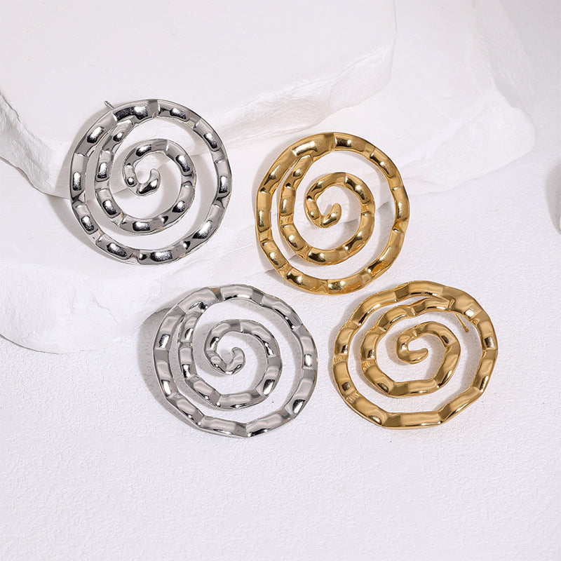 Minimalist 18K Gold Plated Round Stainless Steel Earrings with Spiral Pattern
