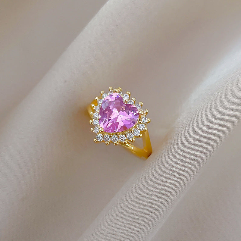 Heart-Shaped Pink Adjustable Ring Brass Plated Kawaii Fresh and Sweet Women's Band