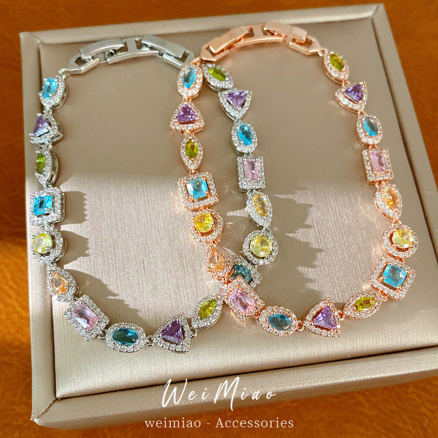 Luxury Elegant Oval Triangle Square Brass Inlaid Cubic Zirconia Bracelet for Women