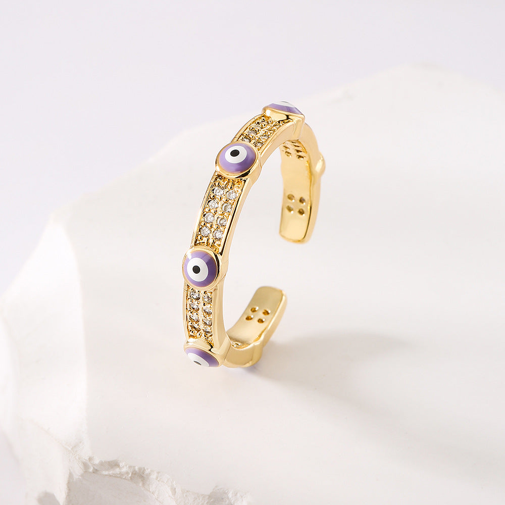 Anello Minimalista Geometrico Occhio di Allah da Donna in Rame Placcato Oro con Intarsio di Zirconi