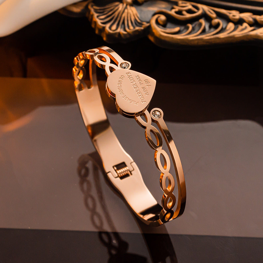 Bracciale Minimalista in Acciaio Inossidabile da Donna con Placcatura in Acciaio al Titanio e Intarsio di Strass a Forma Geometrica Ovale